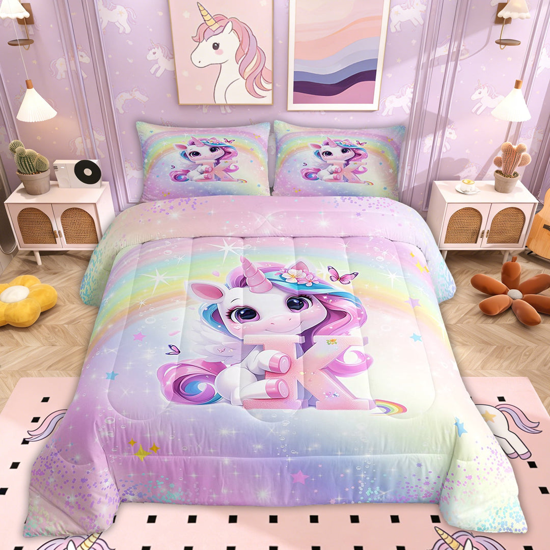 Erosebridal Pink Unicorn Bedding Twin Comforter Set, Initial K Letter Down Comforter, Cartoon Animal Decor, Reversible