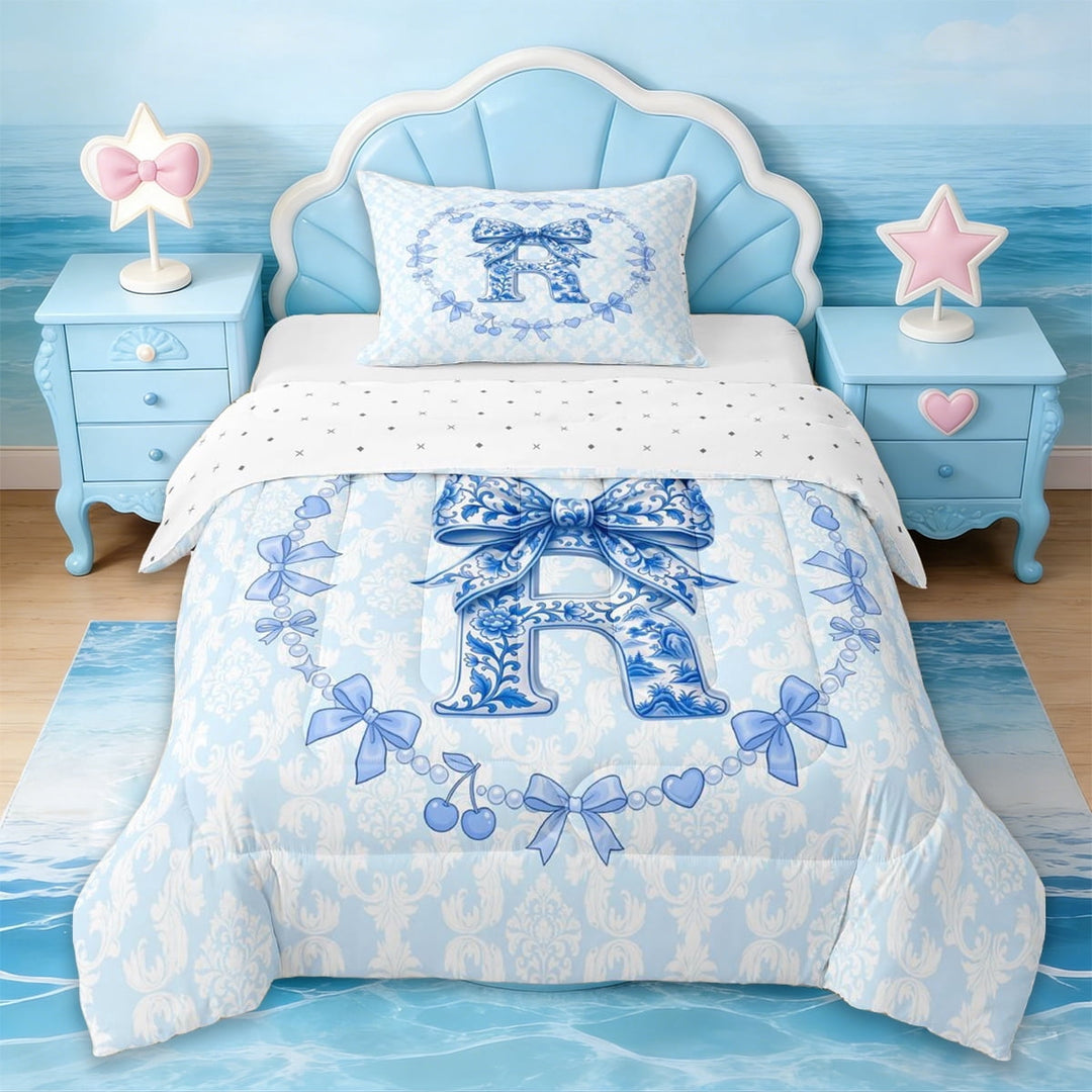 Erosebridal Girl Personalized Gifts Twin Comforter Sets,Rustic Bowtie Print Alphabet R Bedding Set For Kids,Reversible,2pcs