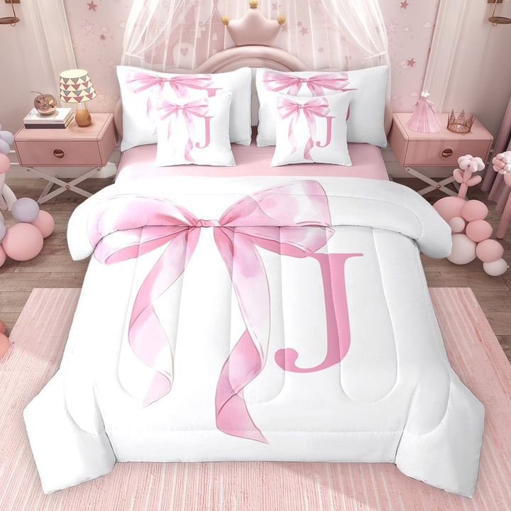 Erosebridal Girls Pink Bow Twin Bedding Sets, J Letter Bedding Comforter Set, Princess Style Bedroom Decor, Pink Reversible 7pcs