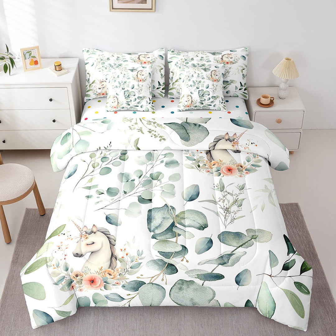 Cute Animal Bedding Comforter Sets 7pcs Cartoon Unicorn Bed in a Bag, Eucalyptus Twin Bedding Sets Watercolor Floral Comforter Set, Kawaii Magical Animal Bedding Sets