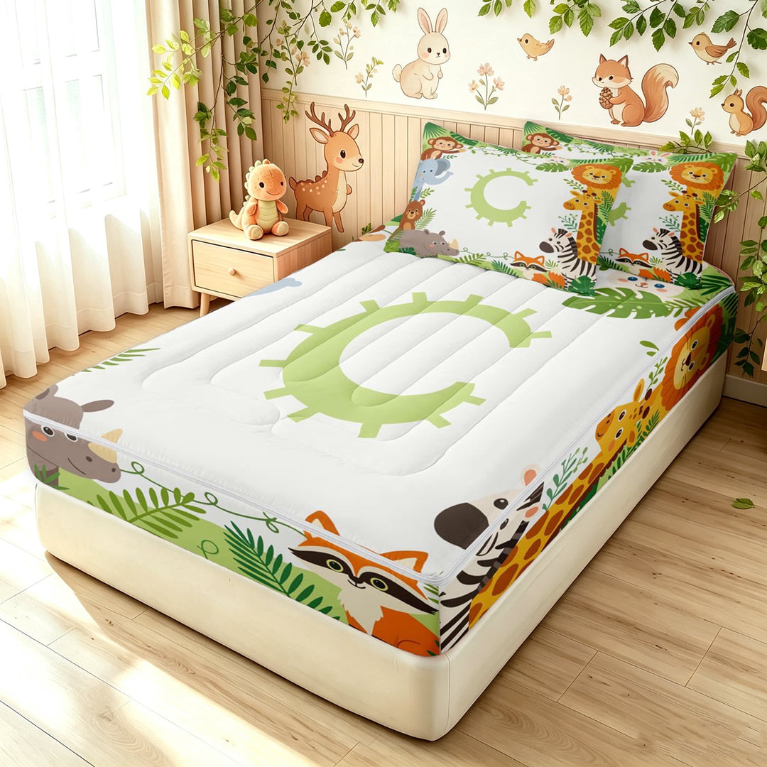 meiyoeat Cute Lion Monkey Animal Zipper Full Size Comforter Sets with Fitted Sheet and 2 Pillowcases for Girls, Green Monogram C Zipper Bedding Set, Polkadot Reversible, 4 Pieces