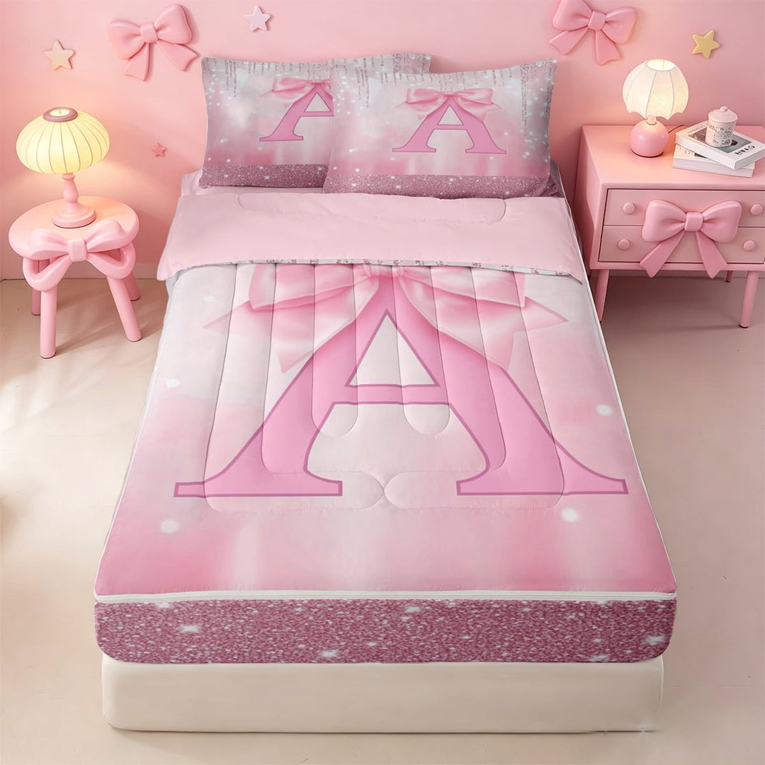 meiyoeat Pink Cute Bowknot Zipper Twin Comforter Sets with Fitted Sheet and 2 Pillowcases For Girls,Chic Sparkling Print Monogrammed A Zipper Bedding Set For Kids,Pink Reversible,4 Pieces