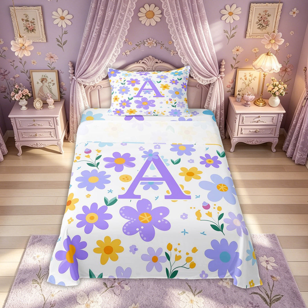 Meiyoeat Cute Floral A Letter Full Size Sheets for Women Girls, Boho Groovy Daisy Flower Bed Sheets, Purple, 4-Piece