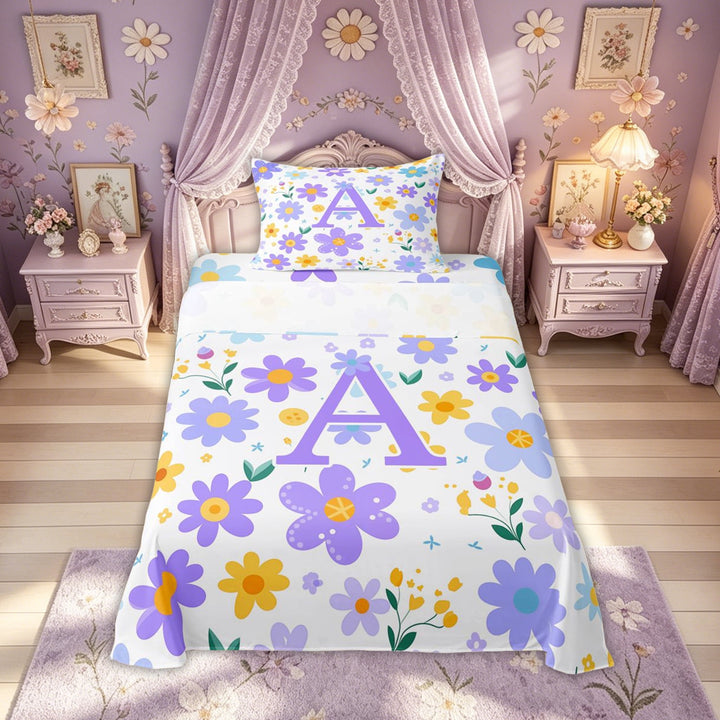 Meiyoeat Cute Floral A Letter Full Size Sheets for Women Girls, Boho Groovy Daisy Flower Bed Sheets, Purple, 4-Piece