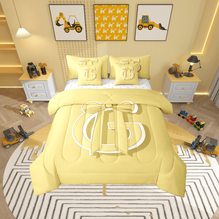Erosebridal Yellow Bowknot Bed in a Bag Twin size, Initial Letter G Bed Set, Cartoon Monogrammed Reversible Bedding Twin Size, Breathable Bedroom Decorative, 7pcs