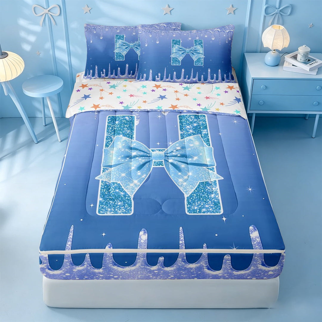 meiyoeat Ice Sequin Print Monogram Zipper Full Size Comforter Sets with Fitted Sheet and 2 Pillowcases,Blue Bow Initial Aesthetic Zipper Bedding Set For Girl,Colorful Stars Reversible,4-Piece