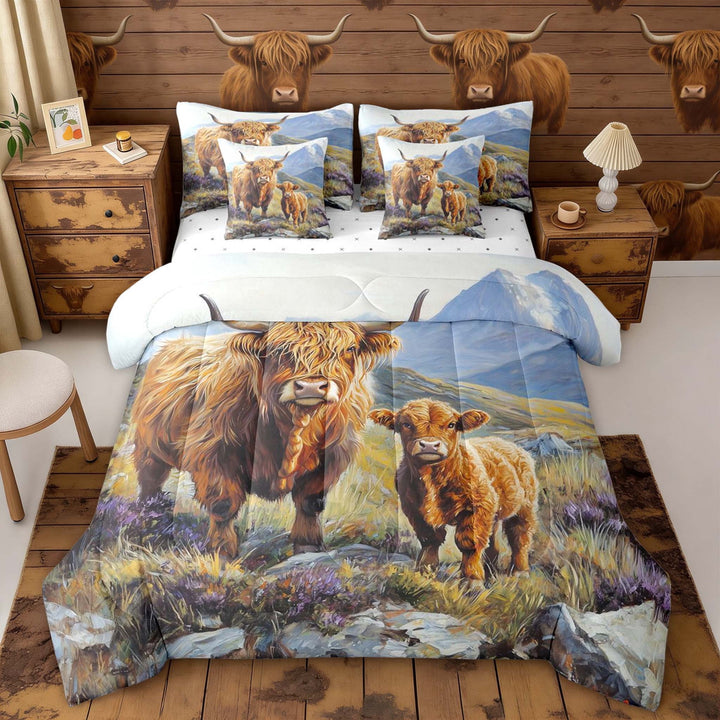 Erosebridal Watercolor Highland Cattle Bedding Comforter Set, Oil Painting Style Queen Bedding Sets