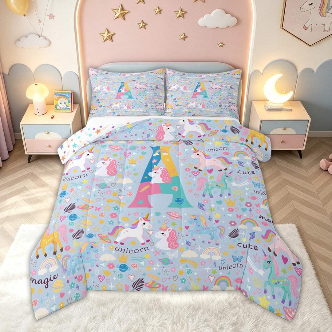 meiyoeat Cute Unicorn Letter A Full Size Comforter Sets for Kids Girls, Cartoon Rainbow Animal Bedding Comforter Set, Blue, Colorful Star Reversible, 3-Piece, 1 Comforter and 2 Pillowcases