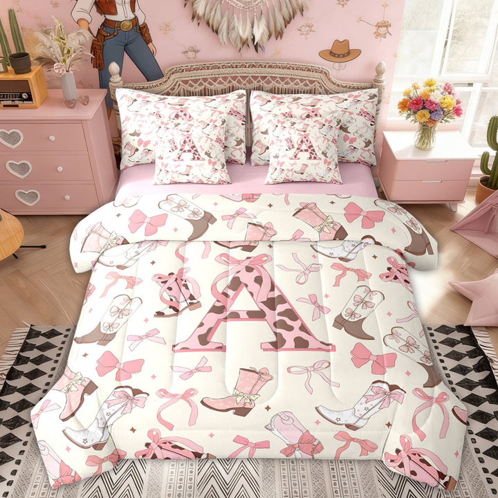 Erosebridal Western Bow Cowboy Boot Twin Bedding Sets, Initial A Letter Bedding Comforter Set for Girls, Pink Reversible, 7 Pieces