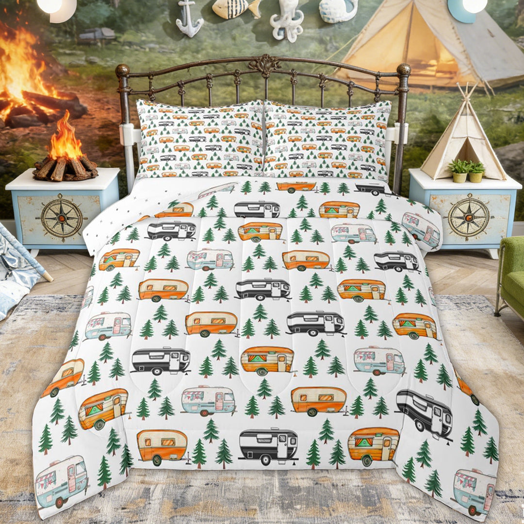 Erosebridal Colorful RV Car Queen Comforter Set, Farmhouse Pine Tree Bedding Comforter Set for Men and Women, 3pcs