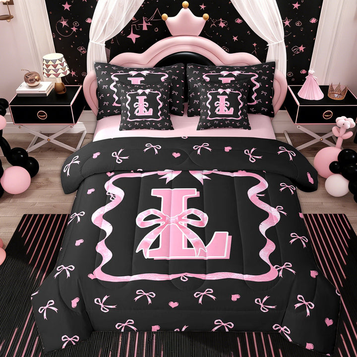Erosebridal Kid Cute Ribbon Twin Bedding Sets 7-Piece, Initial L Letter Bedding Comforter Set, Pink Reversible