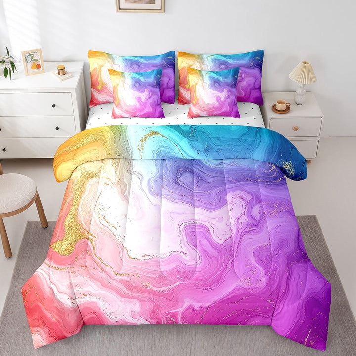 Marble Bedding Set Twin Size Stone Pattern Fluid Sheet Set Abstract Art Marbling Glitter Comforter 7 Pieces Modern Iridescen Bed Set