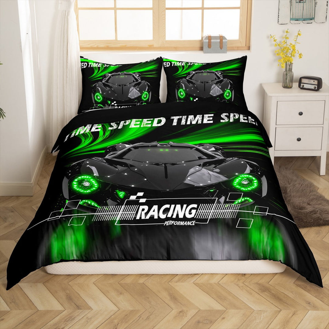 Manfei Kids Teens Adults Sport Racing Car 2pcs Duvet Cover Twin,Minimalist Geometric Plaid Bedding Sets Twin Size,Black Green Comforter Cover Breathable,Super Cozy Bedroom Decorative(No Comforter)