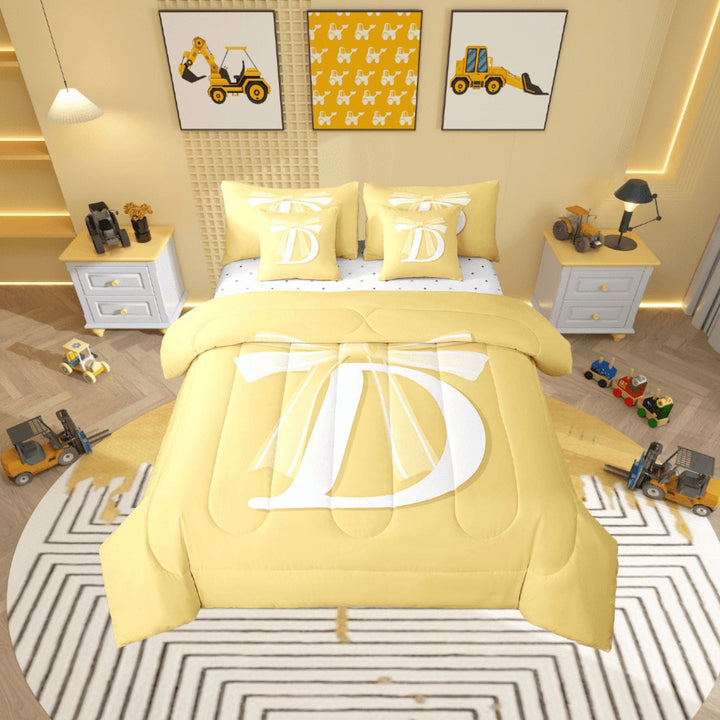 Erosebridal Yellow Bowknot Bed in a Bag Twin size, Initial Letter D Bed Set, Cartoon Monogrammed Reversible Bedding Twin Size, Breathable Bedroom Decorative, 7pcs