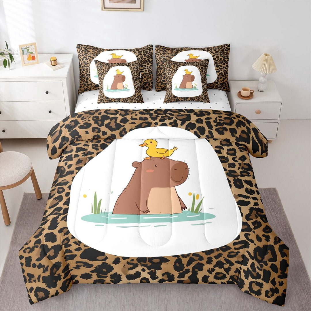 Erosebridal Cute Capybara Animal 7-Piece Twin Bedding Sets For Capybara Lover,Chic Leopard Print Bedding Comforter Set For Girls Kids Reversible