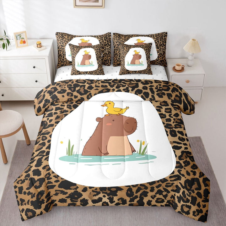 Erosebridal Cute Capybara Animal 7-Piece Twin Bedding Sets For Capybara Lover,Chic Leopard Print Bedding Comforter Set For Girls Kids Reversible