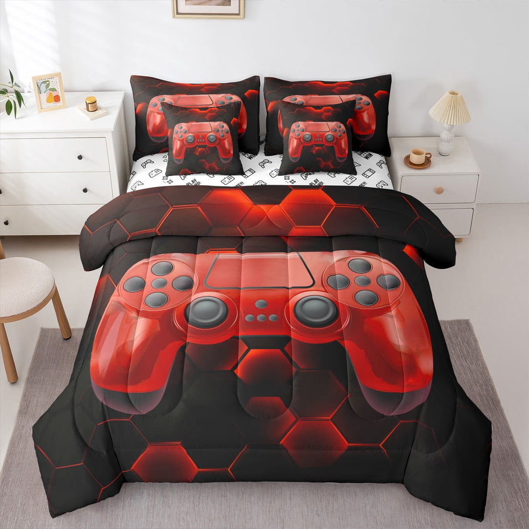 Erosebridal Teens Gamepad Bedding Twin Size, Video Gaming Bed in a Bag Twin size, Neon Honeycomb Decor, Reversible 7pcs
