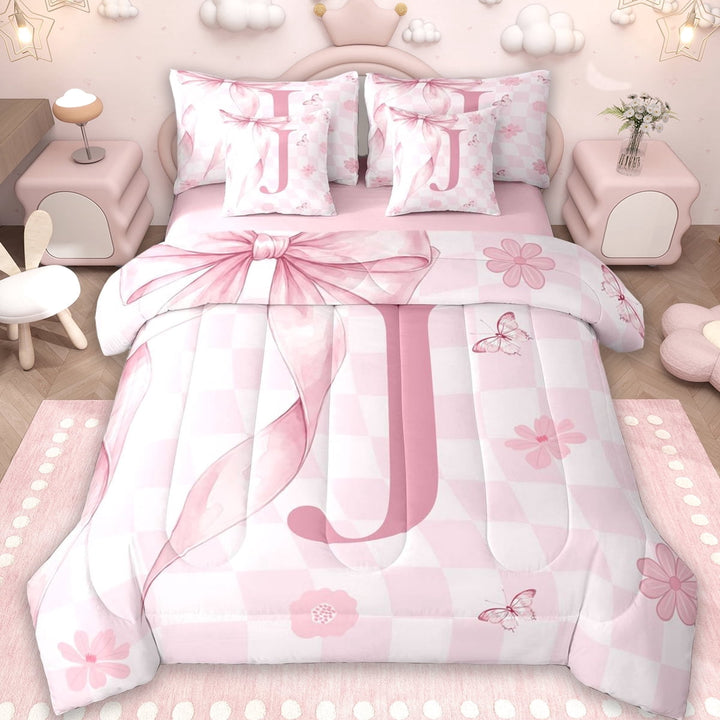 Erosebridal Dreamy Princess Bowknot Kids 7-Piece Twin Bedding Sets,Pink Monogrammed J Bedding Comforter Set For Girls,Reversible pink