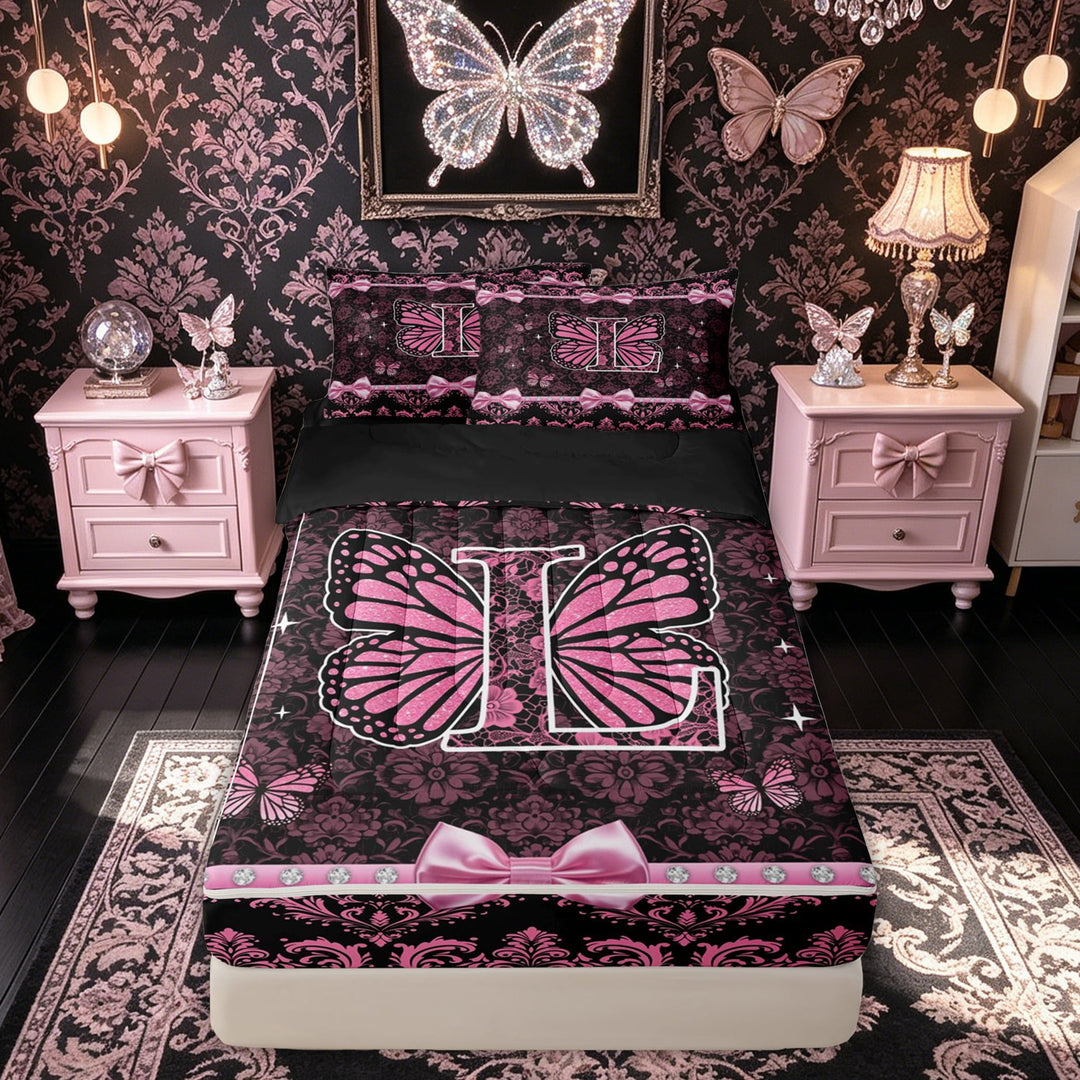 meiyoeat Kawaii Damask Butterfly Initial L Zipper Full Size Comforter Sets with Fitted Sheet and 2 Pillowcases for Women Girls, Pink Black Bowknot Zipper Bedding Set, Black Reversible, 4pcs