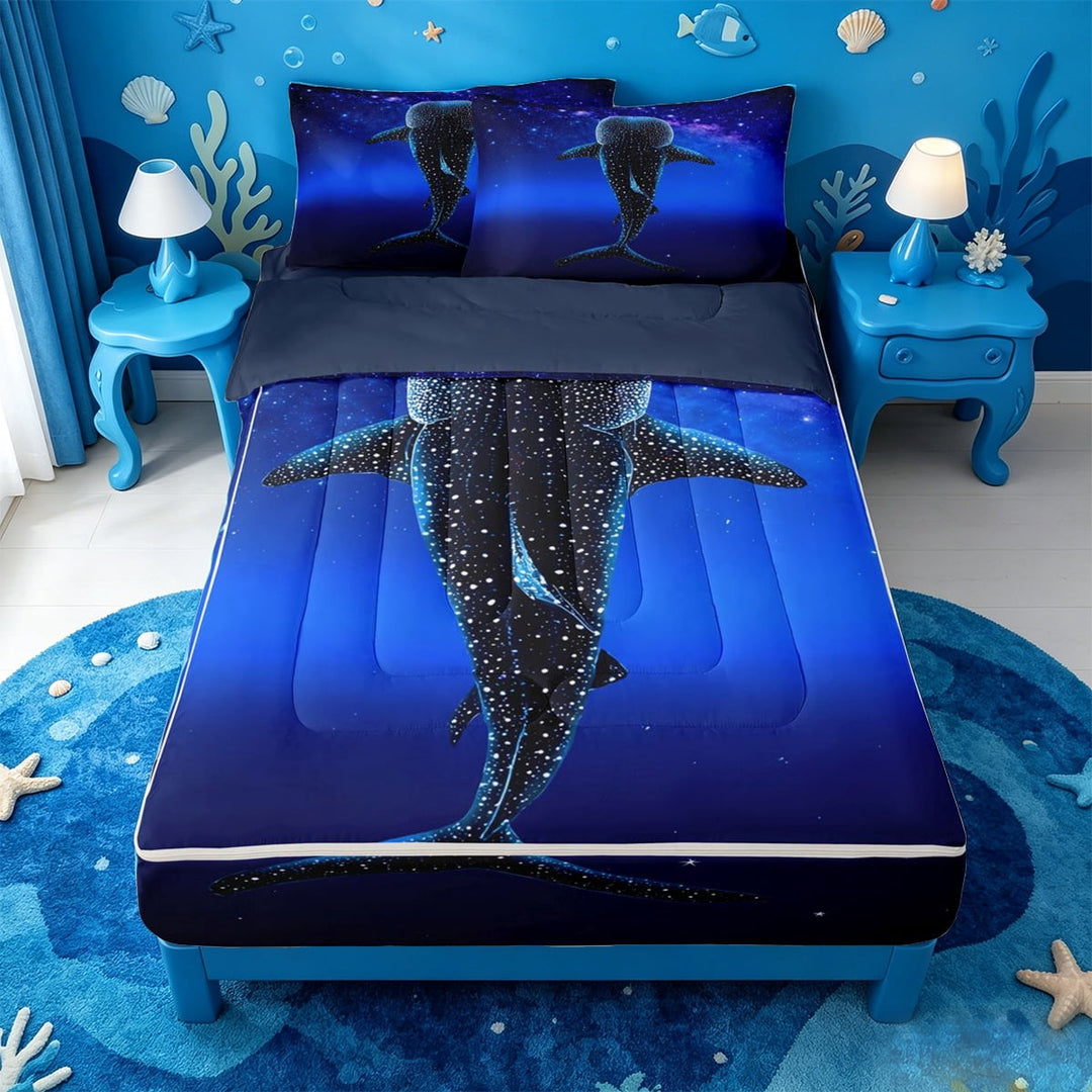 meiyoeat Sparkling Print Shark Zipper Full Size Comforter Sets with Fitted Sheet and 2 Pillowcases For Boys,Coastal Ocean Style Zipper Bedding Set For Kids,Navy Blue Reversible,4 Pieces