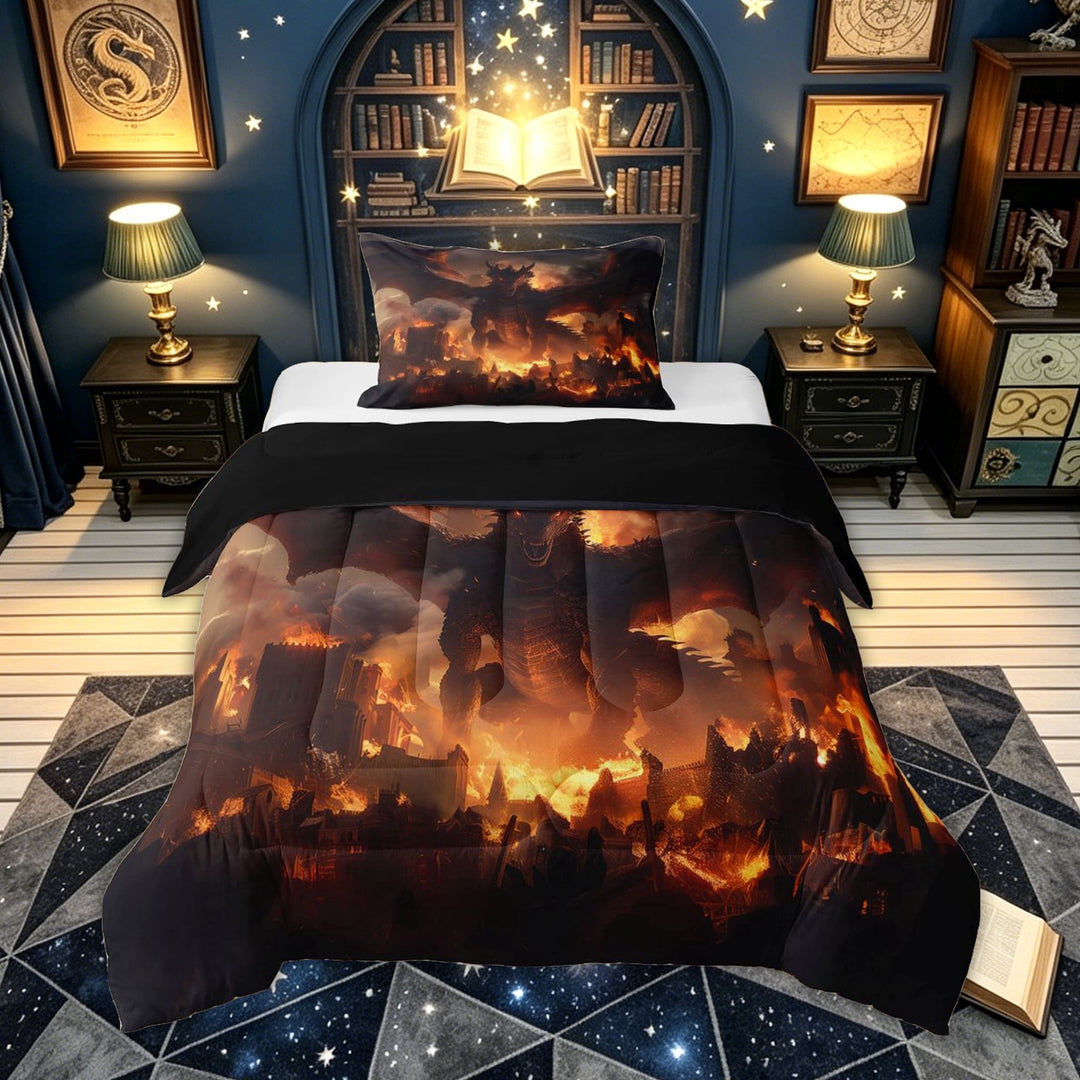 meiyoeat Ancient Flame Dragon Full Size Comforter Sets for Kids Boys Girls, Cartoon Magical Animal Bedding Comforter Set, Black Orange, Black Reversible, 3-Piece, 1 Comforter and 2 Pillowcases
