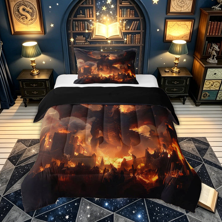 meiyoeat Ancient Flame Dragon Full Size Comforter Sets for Kids Boys Girls, Cartoon Magical Animal Bedding Comforter Set, Black Orange, Black Reversible, 3-Piece, 1 Comforter and 2 Pillowcases
