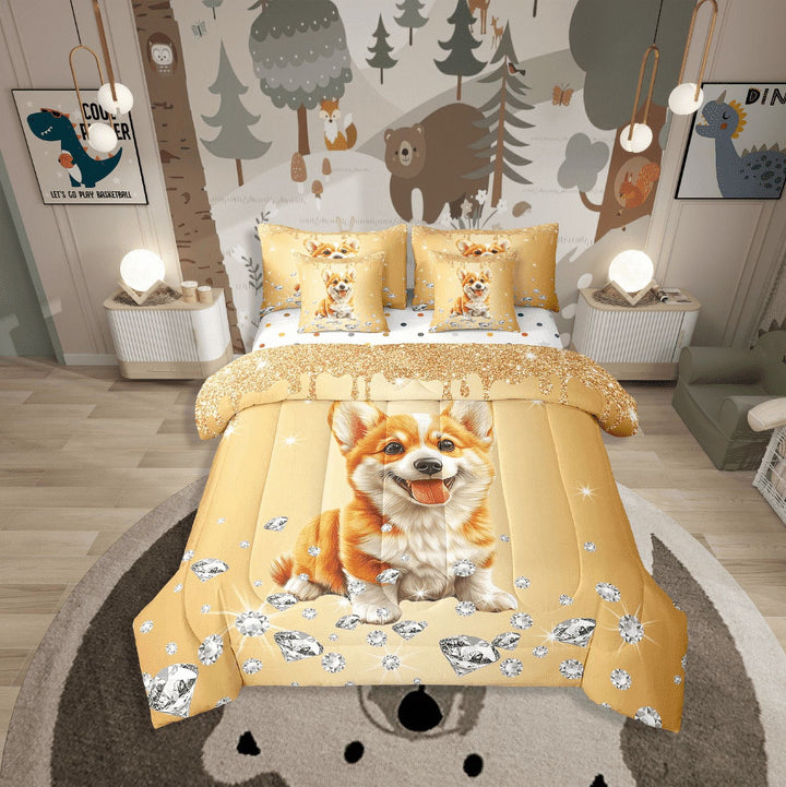 Erosebridal Kawaii Corgi Bedding Sets Twin Size,Bling Sequin Print Comforter Sets With Sheets,Crystal Room Decorative,Reversible,Breathable,7Pcs