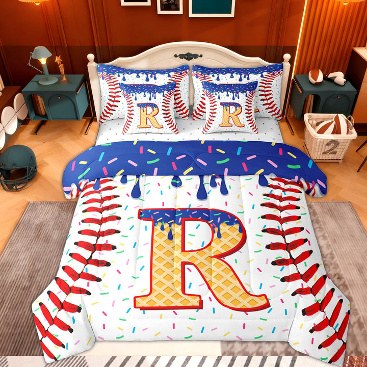 Erosebridal Initial Letter R Twin Bedding Sets 7-Piece for Boy, Cute Ball Print Bedding Comforter Set
