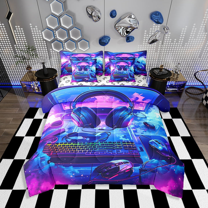 Erosebridal Gamer Comforter Set with Sheets Twin Size Gaming Bed in a Bag Set Teens Keyboard 7 Pieces Bedding Set Earphone Room Decor Bright Blue