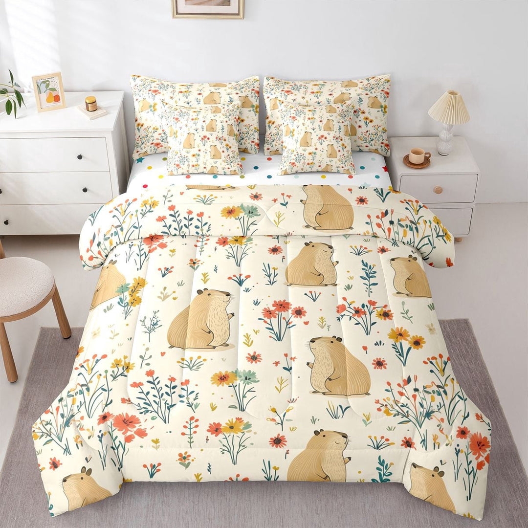 Erosebridal Kawaii Capybara Twin Bedding Sets 7-Piece For Boys Girls,Kids Chic Floral Flowers Bedding Comforter Set,Super Cozy Room Decor