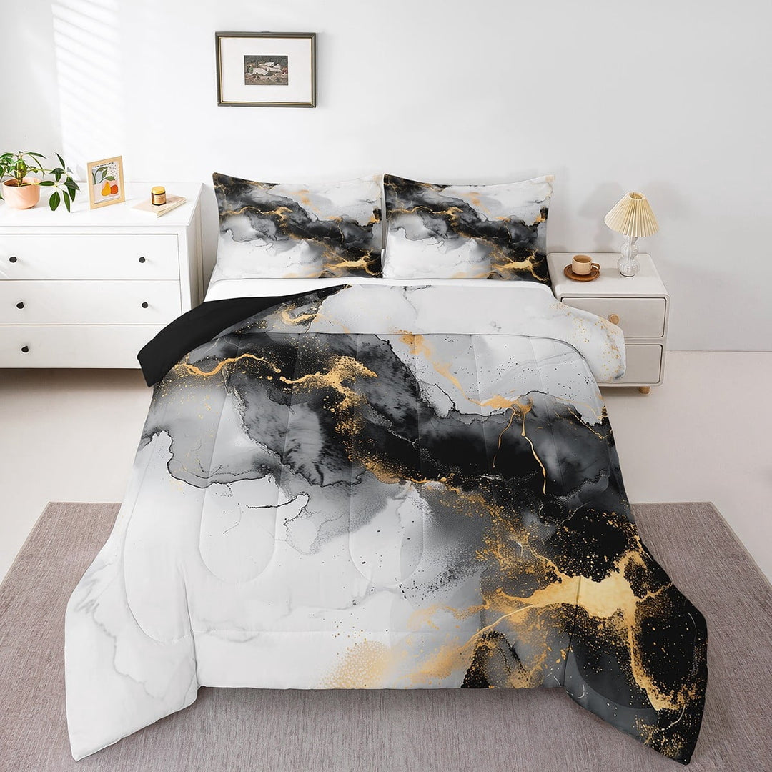 Black and Gold Queen Bedding Sets Watercolor Marble Comforter Set, Abstract Marbling Duvet Insert Stone Pattern Down Comforter, Mountain Fluid Foil Print Bedding Comforter Sets