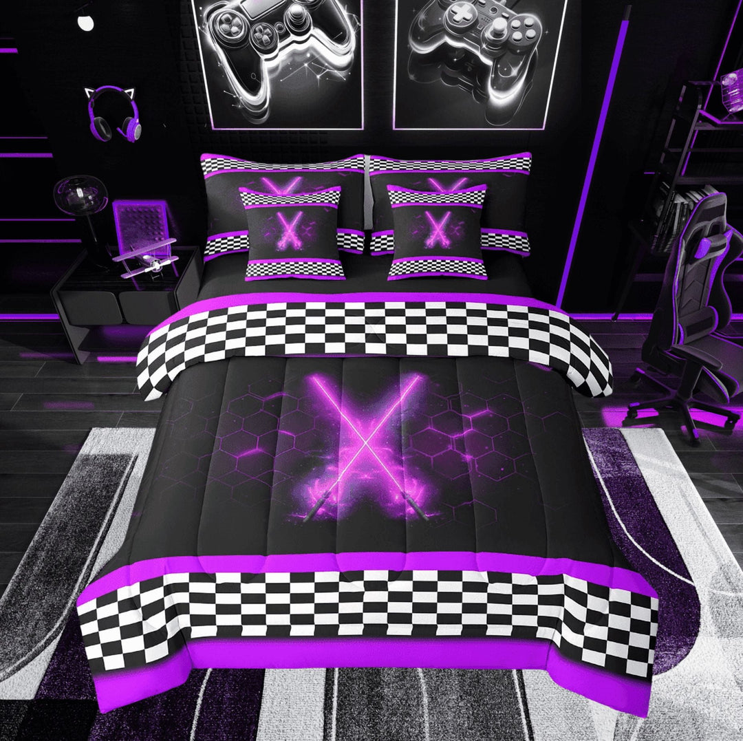 Erosebridal Purple Lightning Bedding Twin Size, Sports Game Bedding Sets Twin Size, Geometric Decor, Reversible 7 Pieces