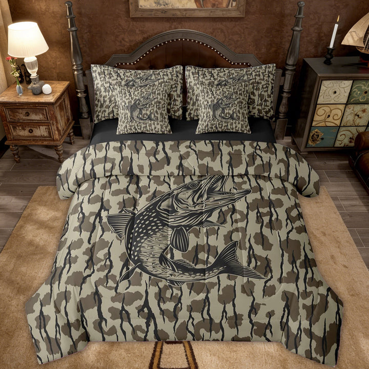 Erosebridal Wildlife Fish Kids Twin Bedding Sets, Tribal Rustic Camo Bedding Comforter Set, Black Reversible, 7pcs