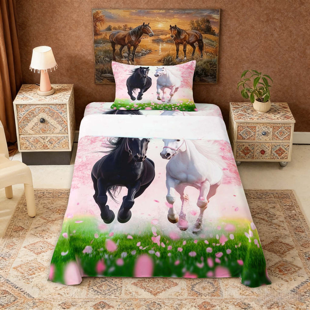 Erosebridal Black White Horse Twin Sheet Sets, Pink Florals Bedding, 3pcs (1 Flat Sheet, 1 Fitted Sheet and 1 Pillowcase)