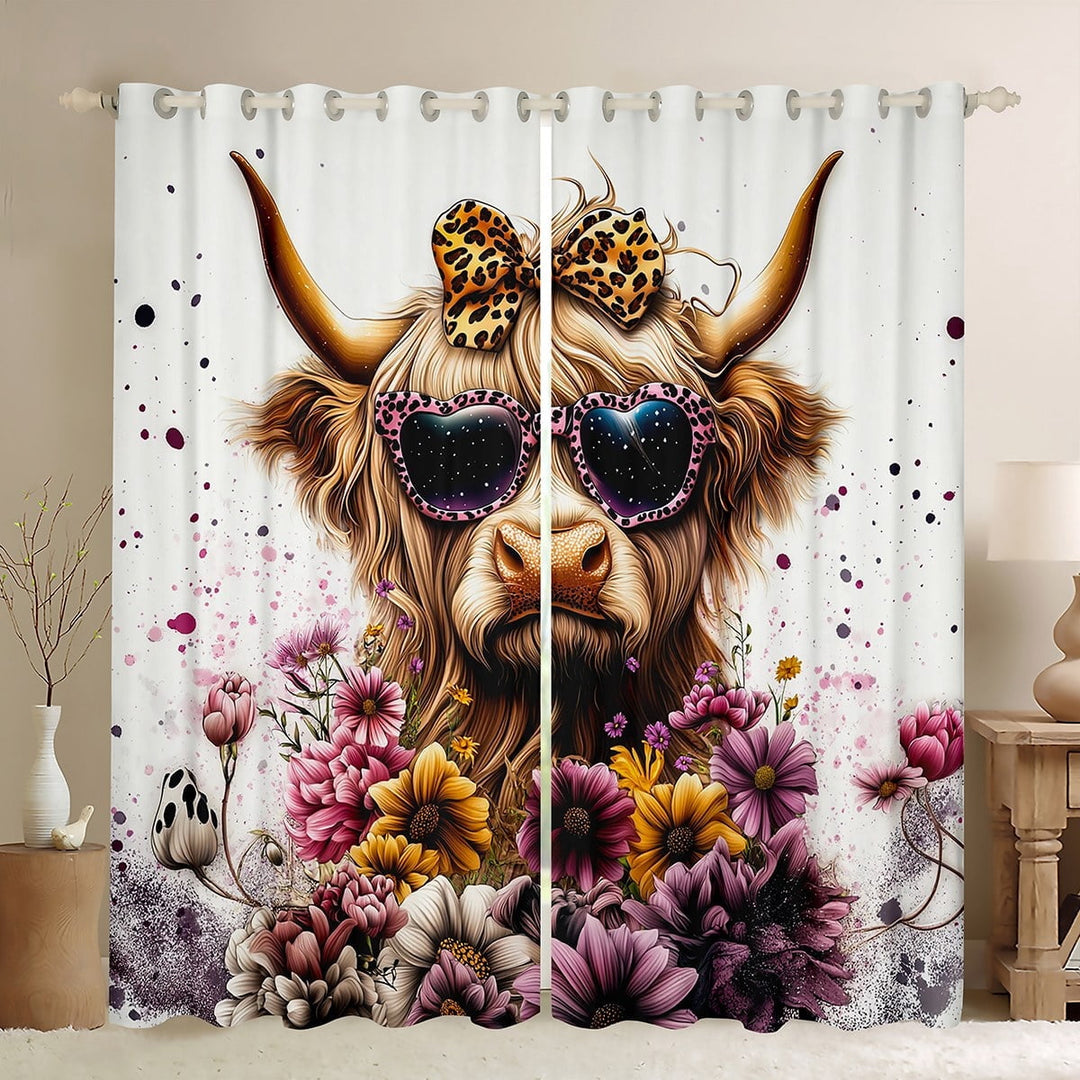 Manfei Funny Highland Cattle Blackout Curtains Set of 2 (52x84 Each), Vintage Blossoms Window Curtains, Rustic Lodge Cabin Curtains and Drapes, Luxurious Room Decor