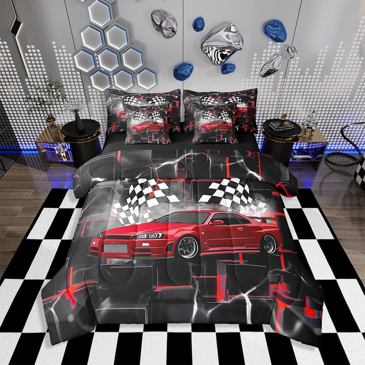Erosebridal Sports Car Comforter Set with Sheets Red Race Car 7 Piece Bedding Set Twin Size Extreme Sport Bed in a Bag Racing Gaming Bed Set