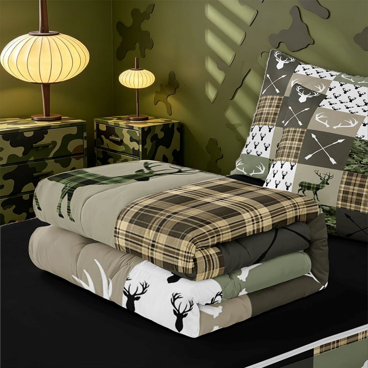 meiyoeat Rustic Patchwork Deer Zipper Twin Comforter Sets with Fitted Sheet and 2 Pillowcases For Boys,Vintage Farmhouse Camouflage Hunting Zipper Bedding Set, Green Brown,Black Reversible,4-Piece