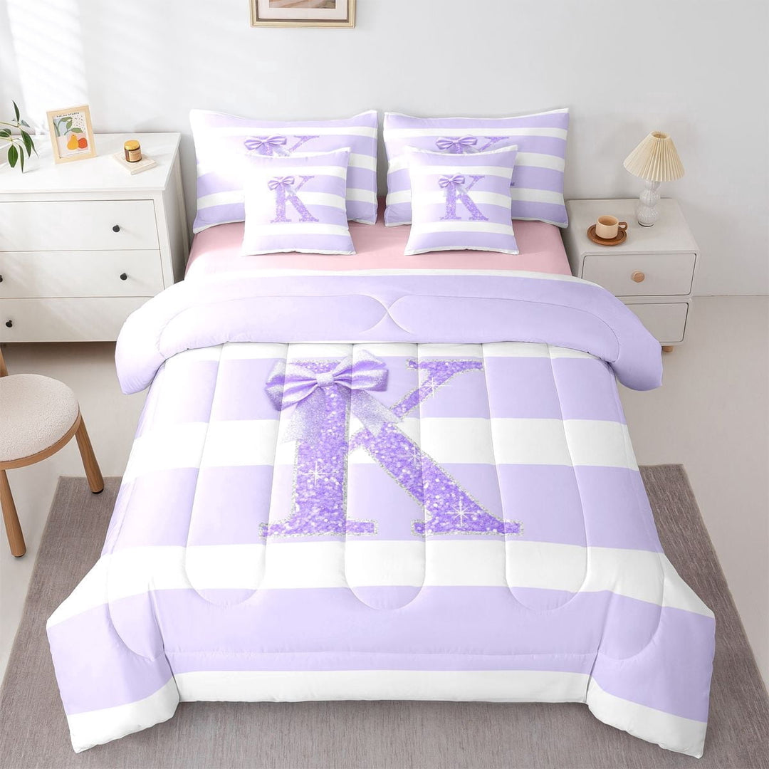 Erosebridal Bling Glitter Print Stripes Twin Bedding Sets 7-Piece For Boys Girls,Teens Purple Bow K Letter Monogrammed Bedding Comforter Set,Pink Reversible
