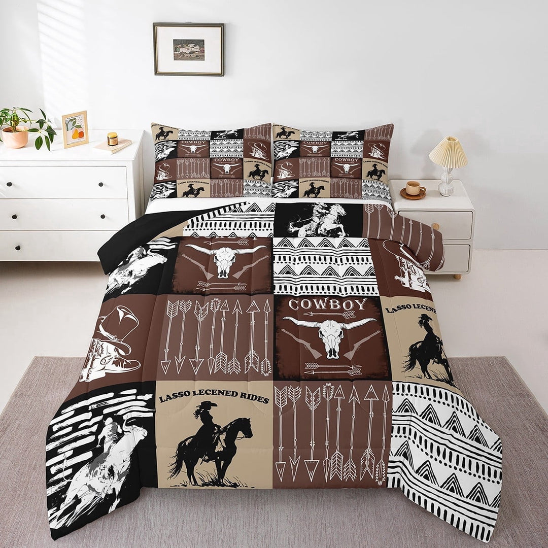 Country Western Bedding Sets Full,Tribe Geometry Aztec Comforter Set Cowboy Horse Quilt,Gothic Bull Skull Duvet Insert Cowgirl Southwestern Decor,Black Brown