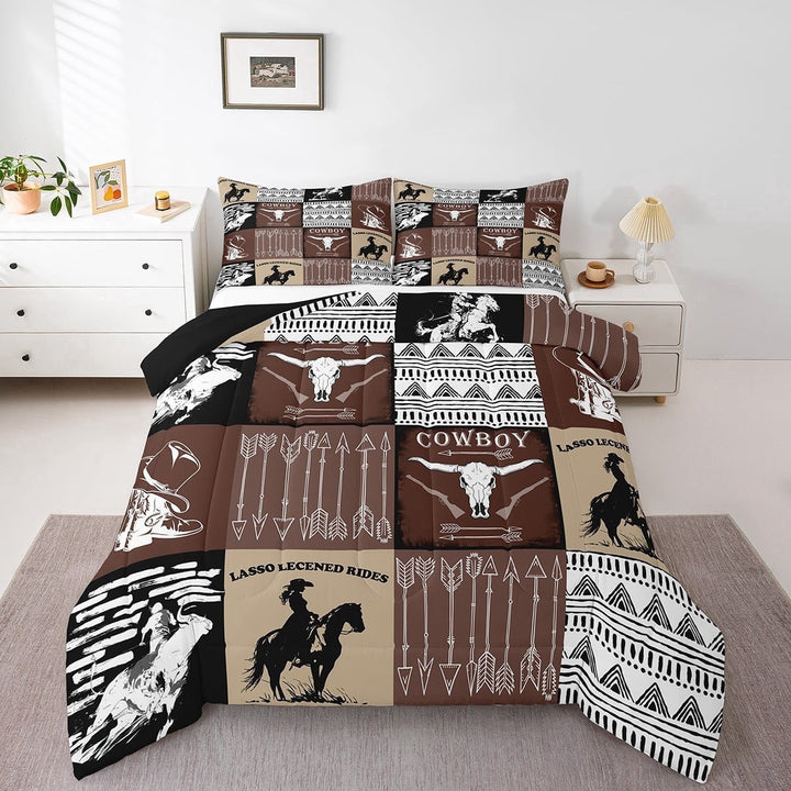 Country Western Bedding Sets Full,Tribe Geometry Aztec Comforter Set Cowboy Horse Quilt,Gothic Bull Skull Duvet Insert Cowgirl Southwestern Decor,Black Brown
