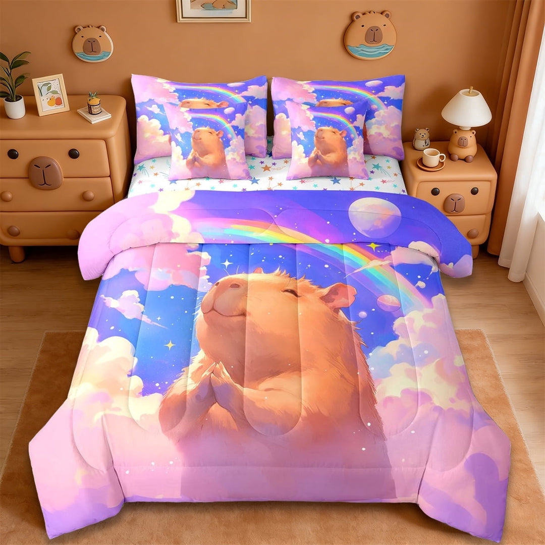 Erosebridal Capybara Lover 7-Piece Twin Bedding Sets,Colorful Graffiti Rainbow Print Bedding Comforter Set For Girls Kids Reversible