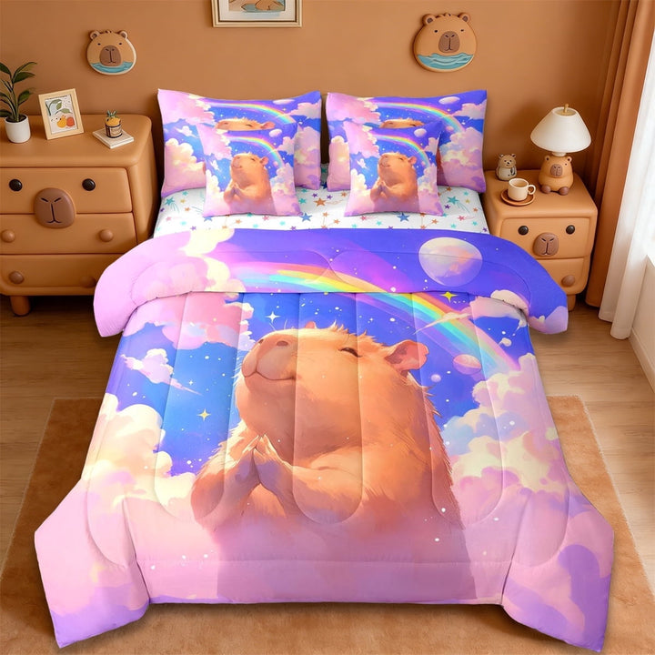 Erosebridal Capybara Lover 7-Piece Twin Bedding Sets,Colorful Graffiti Rainbow Print Bedding Comforter Set For Girls Kids Reversible