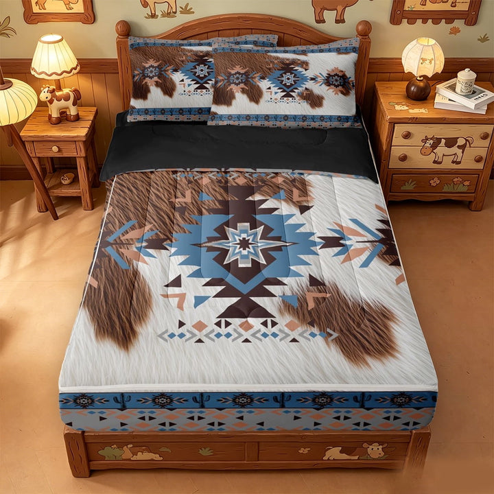 meiyoeat Western Cowhide Zipper Full Size Comforter Sets with Fitted Sheet and 2 Pillowcases,Southwestern Aztec Zipper Bedding Set For Boys,Blue Peach,Black Reversible,4pcs