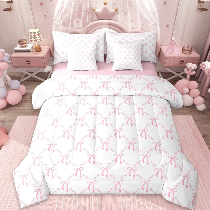 Erosebridal Girly Pink Bowknot 7-Piece Twin Bedding Sets For Girls,Cute Bows Kawaii Stars Bedding Comforter Set,Lightpink White,Reversible