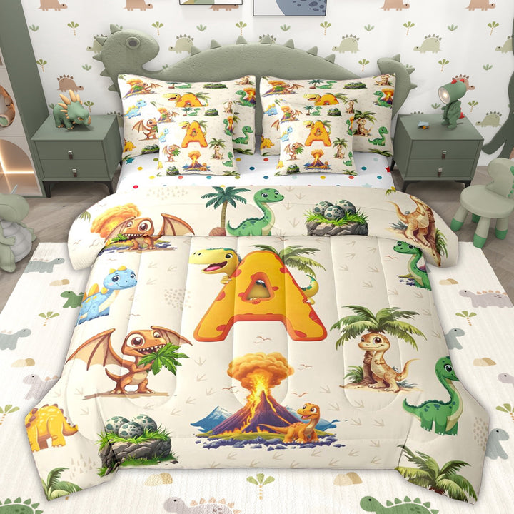 Erosebridal Cartoon Green Dinosaur Twin Bedding Sets for Kids, Cartoon A Letter Bedding Comforter Set, Polka Dots Reversible, 7 Pieces
