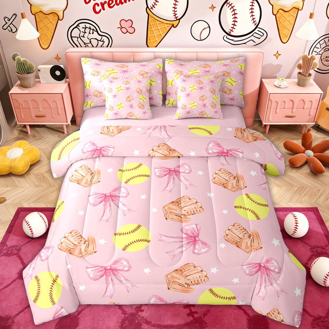 Erosebridal Softball Sports Kids Bedding Comforter Set, Pink Watercolor Bow Full Bedding Set, 7 Pieces
