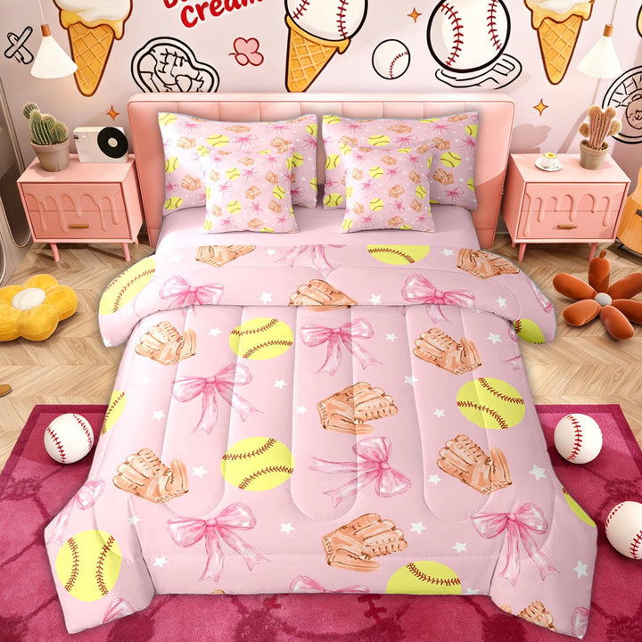 Erosebridal Softball Sports Kids Bedding Comforter Set, Pink Watercolor Bow Full Bedding Set, 7 Pieces