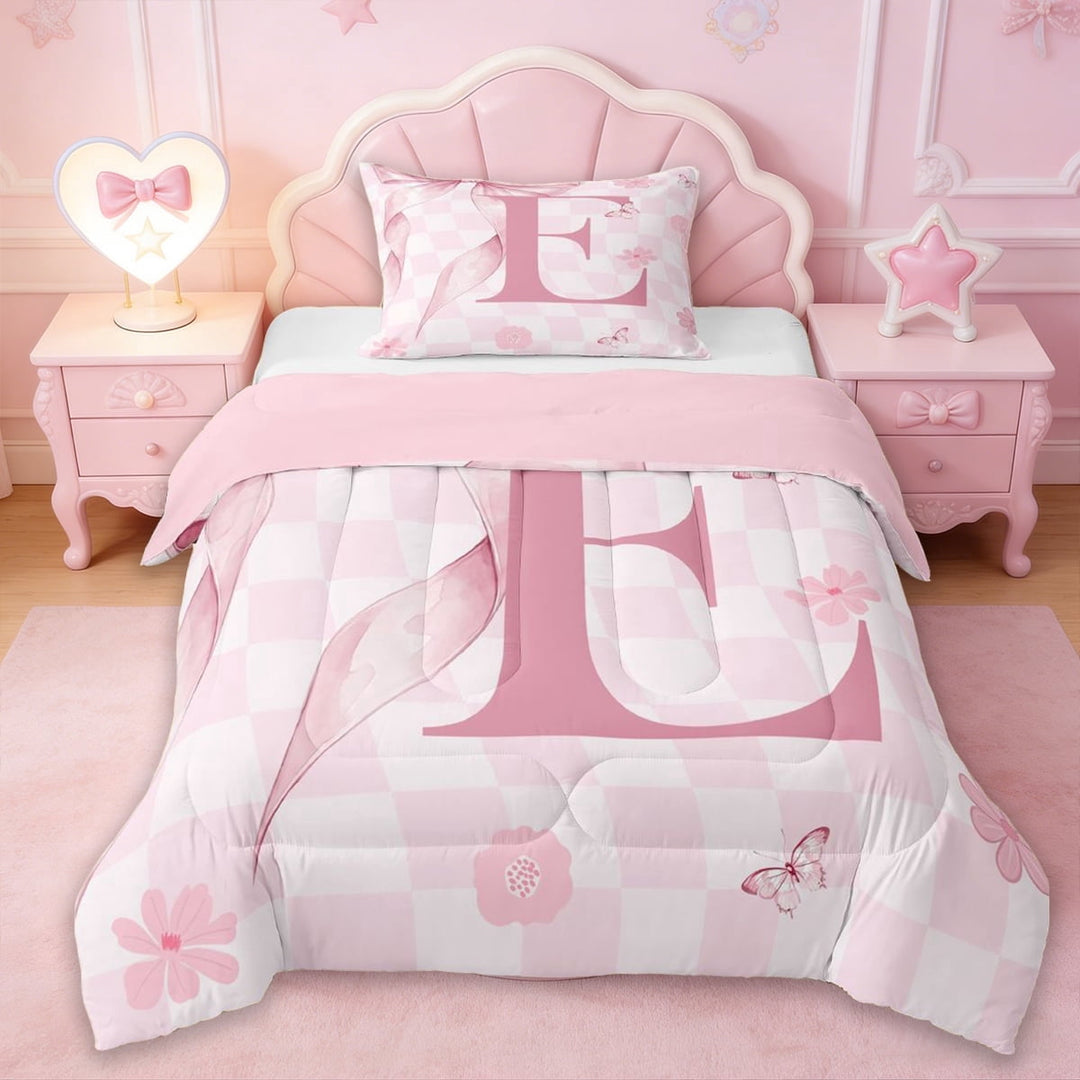Erosebridal Girls Bowknot Letter E Twin Comforter Sets,Pink Cherry Blossom Bedding Set For Kids,Reversible pink,2pcs