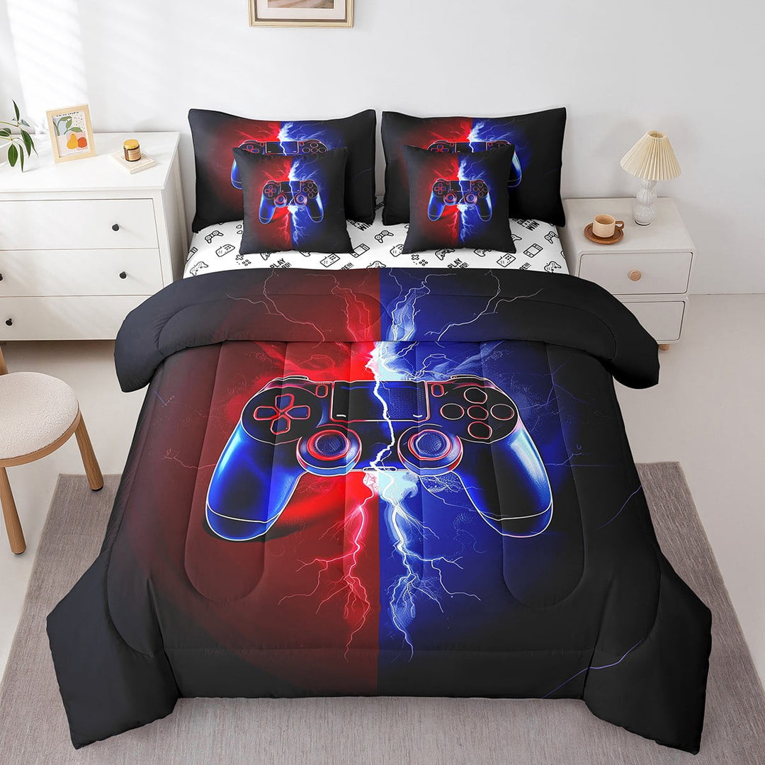 Erosebridal Video Game Controller Bedding Twin Size 7pcs Bed in a Bag, Game Console Gaming Room Decor Comforter Set , Gamepad Printed Bedding Comforter Sets, Blue Red Gamer Bed Sheets Set