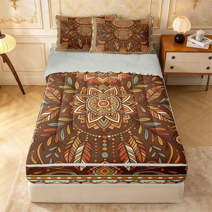 meiyoeat Bohemian Mandala Zipper Full Size Comforter Sets with Fitted Sheet and 2 Pillowcases For Men Women,Dreamcatcher Pattern Zipper Bedding Set,Brown Orange,Light Gray Reversible,4pcs